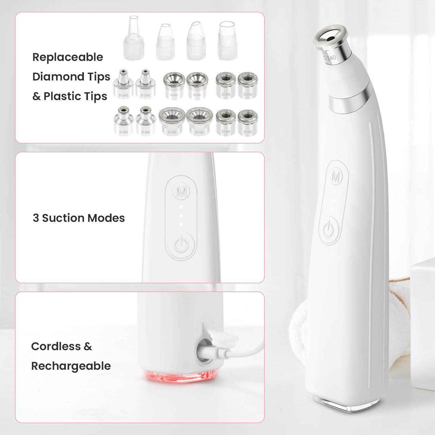 Diamond Microdermabrasion Machine, Cordless Handheld Dermabrasion Facial Machine with 12 Diamond Tips, Adjustable Suction Facial Skin Care Machine for Home & Travel Use