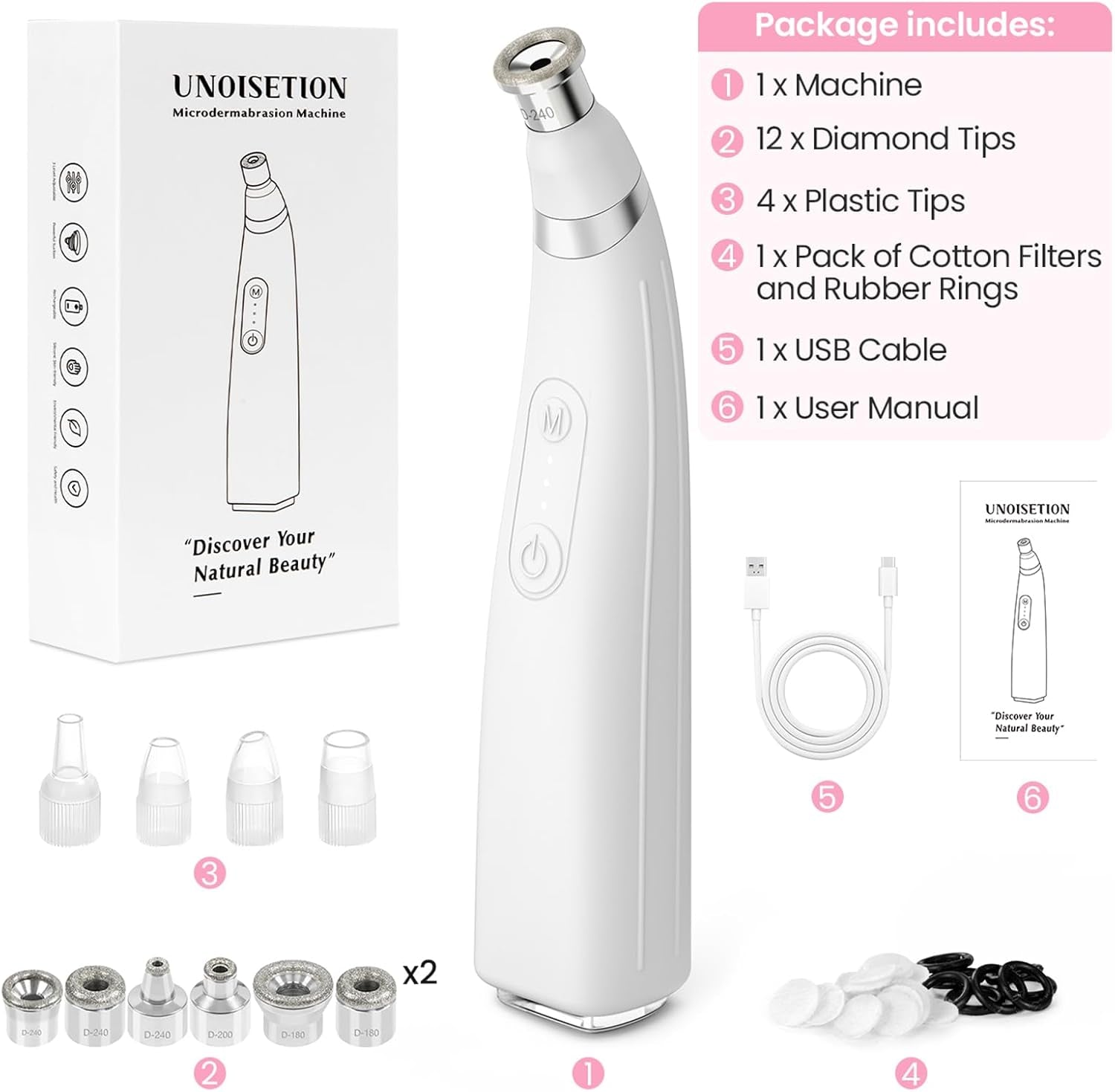 Diamond Microdermabrasion Machine, Cordless Handheld Dermabrasion Facial Machine with 12 Diamond Tips, Adjustable Suction Facial Skin Care Machine for Home & Travel Use